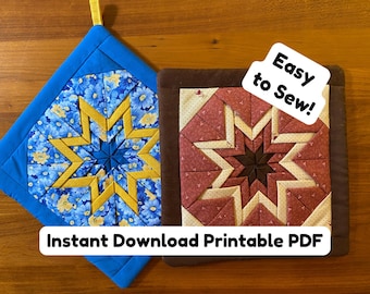 Easy Folded Star Potholder Pattern - PDF Download, Quilted Potholder Tutorial, Folded Fabric Pot Holder, DIY Kitchen Sewing