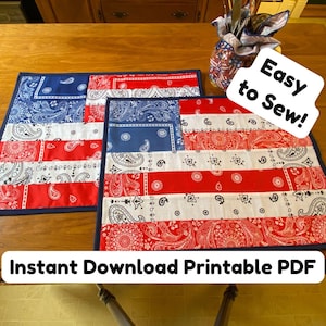 Patriotic Bandana Placemat Pattern PDF, Fourth of July Table Decor, Easy Sewing Tutorial, DIY Americana Placemat
