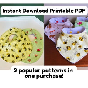 May include: The image showcases baby bibs with various patterns. Two bibs feature a yellow background with bee designs and a green background with ladybugs. The other bibs have a pink background with bears and a light green background with butterflies. Text reads "Instant Download Printable PDF" and "2 popular patterns in one purchase!"