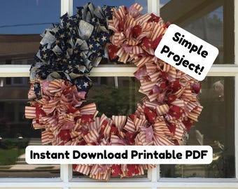 Patriotic Rag Wreath Tutorial PDF, Farmhouse Americana Decor, Fourth of July Wreath, USA 250 Craft Pattern