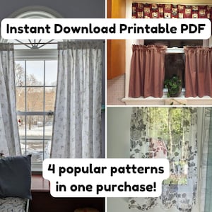 May include: A collage of window treatments featuring four distinct curtain styles. The image includes text stating Instant Download Printable PDF and 4 popular patterns in one purchase. The curtains display various patterns and solid colors.