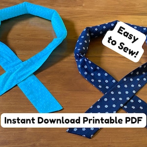 Puede incluir: Dos protectores de cuello de tela, uno azul claro con lunares blancos y otro azul marino con estampados florales blancos. El protector de cuello azul marino tiene una etiqueta blanca que dice "Easy to Sew!" y la imagen tiene el texto "Instant Download Printable PDF".
