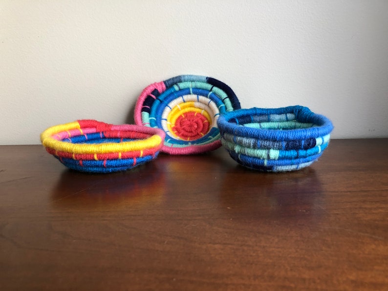 Side view finished yarn coil baskets
