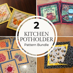 Peut inclure: Une collection de maniques de cuisine carrées et matelassées avec divers motifs en tissu, notamment des papillons, des cafés avec le texte Mocha Java et Caffe Macchiato, des insectes, des fleurs et des poulets, avec le texte 2 KITCHEN POTHOLDER Pattern Bundle.
