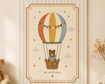 Decoración infantil con globos aerostáticos, arte mural vintage para niños, lámina infantil enmarcada con un toque de fantasía.