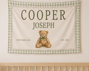 Decoración personalizada para la habitación del bebé con osito de peluche, letrero personalizado con el nombre del bebé, bandera vintage de osito de peluche, decoración para la habitación de un niño.
