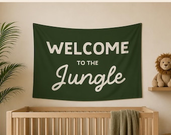 Bienvenido a la bandera infantil de la jungla, decoración de pared de la jungla, decoración infantil de safari, arte de pared para habitación de niños, bandera para habitación infantil, decoración de dormitorio de la jungla