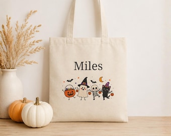 Custom Halloween Trick-Or-Treat Bag, Personalized Canvas Tote Bag, Doodle Halloween Kids Bag, Candy Basket