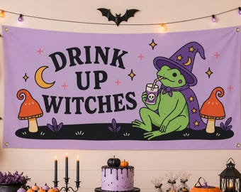 Banner de Halloween "Drink Up Witches", decoración para fiesta de Halloween, letrero retro de carrito de bar con forma de rana, fondo de Halloween con temática de brujas, banner para fiesta de cócteles espeluznantes