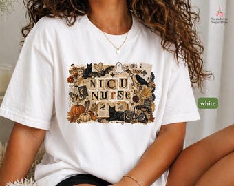 Camiseta de Halloween para enfermeras de la UCIN, camiseta de enfermera espeluznante, camiseta de Halloween estilo academia oscura, camiseta gráfica Comfort Colors 1717
