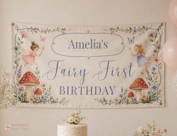 Fairy First Birthday Vinyl Banner, Personalized 1st Bday Sign, Custom Fairy Party Decor