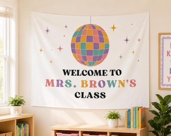 Banner de bienvenida personalizado para el aula, letrero personalizado con el nombre del profesor, decoración de aula con bola de discoteca, decoración para aula de jardín de infancia