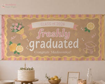 Pancarta de recién graduado personalizada / Pancarta de graduación de limón con nombre personalizado / Decoración para fiesta de graduación / Letrero de la promoción de 2026 / Letrero para exteriores