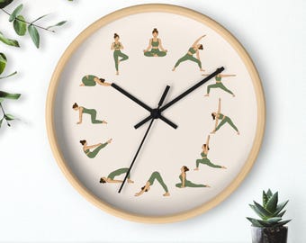 Reloj de pared con diseño de posturas de yoga, decoración minimalista y neutra para el hogar.
