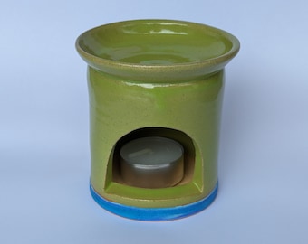 Handmade Stoneware Lime Green Oil Burner Handthrown Pottery Wax Melt Ceramic Green and Blue Oil Burner