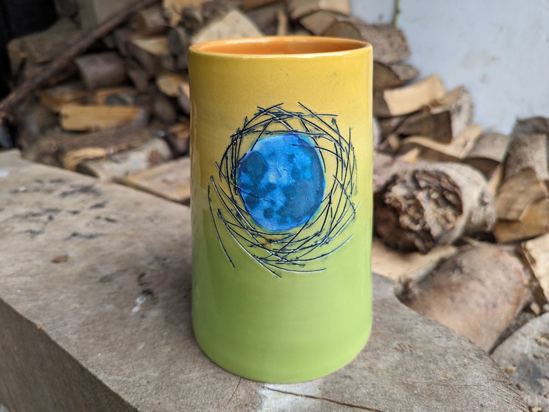 Handmade Wheelthrown Lime Green and Yellow Tall Vase Handthrown Orange Pottery Ceeramic Vase image 1