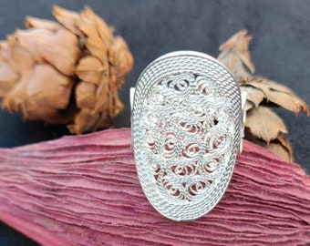 Chunky Sterling Silver 925 Filigree Oval Statement Ring, Lacy Design With Border, Handmade in Malta, Gift For Her, Handcrafted Jewelry