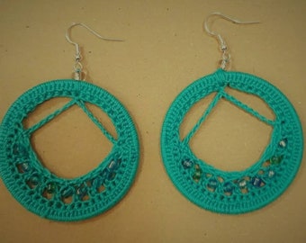 Crescent Boat Hoop Crochet Earrings with beads, Round turquoise dangle earrings, 6cm blue crochet jewelry, Handmade in Malta, Gift for her
