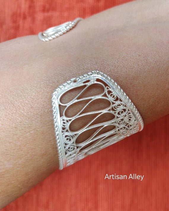 UNIQUE Silver 925 Filigree Adjustable Cuff Bangle, Jewelry