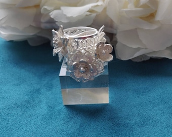 Flowers unique silver 925 filigree wide ring, Dramatic adjustable statement ring, Unusual one-off handmade jewelry gift, US size 8.5