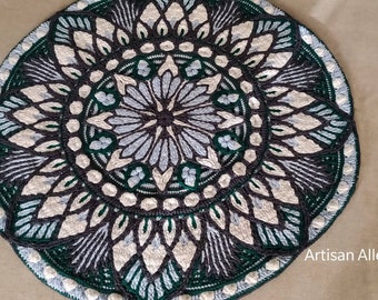 Green Crochet Lotus Flower Centrepiece/Rug, Handmade in Malta, Maltese Product, Green Mandala, Gift for Home, Tappeto D'Uncinetto, Carpet