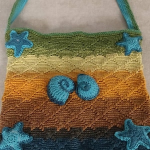 Mediterranean Sea Inspired Crochet Tote Bag, Seashells bag, Handmade in Malta, Yellow and green, 32cm by 32cm, Gift for her image 1