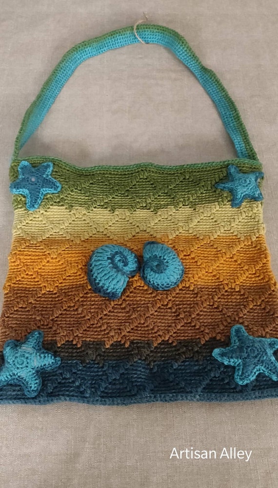 Mediterranean Sea Inspired Crochet Tote Bag, Seashells bag, Handmade in Malta, Yellow and green, 32cm by 32cm, Gift for her