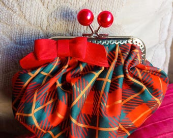 Red tartan vintage style fabric coin purse, Handbag organiser,  Handmade in Malta, 15cm by 18m, Cosmetics purse, Handbag tidy, Gift for her