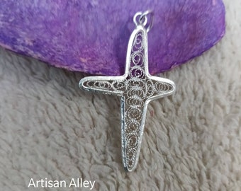 Sterling Silver Filigree Contemporary Cross Pendant, Handcrafted Jewelry Gift, Handmade Jewellery, Croce D'Argento