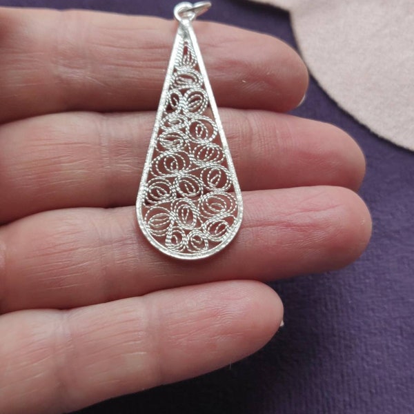Large silver 925 filigree lace long teardrop pendant, Handmade in Malta, Gift for Her, Jewelry Gift, Classic pendant with filigree lace