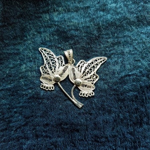 Silver 925 Two Leaves Filigree Pendant, Handmade gift for her, Sterling silver jewelry pendant, Foglie pendente d&#39;argento, Christmas gift