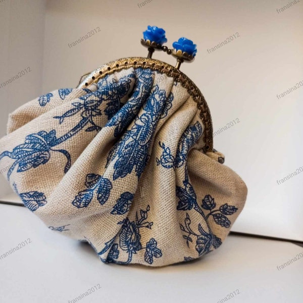 Vintage style canvas purse, Blue leaves on cream background, Flower knobs, Handmade in Malta, Floral purse, Gift for her, Mother's Day gift