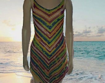 Stylish multi-coloured crochet beach dress, Handmade in Malta, Gift for Her, Summer dress, Beach cover up, Figure hugging, Small size