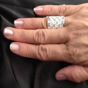 Silver 925 filigree wide adjustable statement ring, Sterling silver ring for women, Waves & circles, Handmade jewelry gift