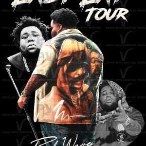 May include: Black graphic design featuring the text "LAST LAP TOUR" and the name "Rod Wave." The design includes three grayscale portraits of a man, with one in color on a jacket.