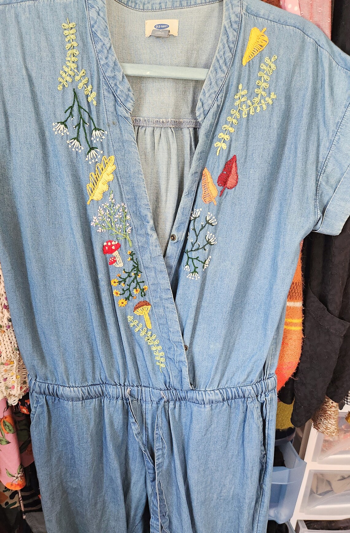 Hand Embroidered Chambray Denim Jumpsuit old Navy Size Small Etsy