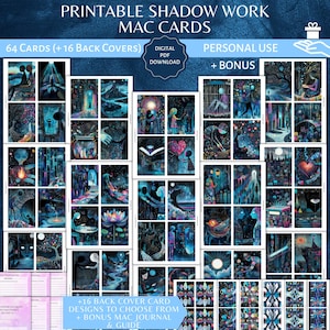 Puede incluir: Cartas de trabajo de sombras imprimibles con 64 cartas y 16 cubiertas traseras. Las cartas presentan ilustraciones en azul oscuro y morado con un tema místico. El conjunto incluye un diario mac de bonificación y una guía.