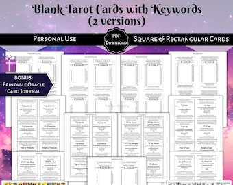 Druckbare leere Tarotkarten mit Schlüsselwörtern Black & White Rider-Waite Upright Umgekehrte Bedeutungen DIY Tarot Anfänger Deck Tarot lernen PDF