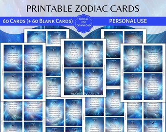 60 PRINTABLE Zodiac Oracle Cards Personal Use Spiritual Guidance Messages Affirmation Blue Blank Cards Astrology Horoscope Cosmic PDF