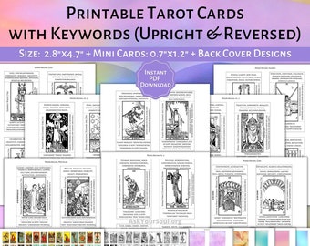 PRINTABLE Black & White Rider-Waite Tarot Cards With Keywords PDF Upright and Reversed Meanings Beginner Deck Correspondences Learn Tarot