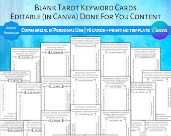 Cartes de tarot vierges modifiables à l'endroit et à l'envers Mots-clés Modèle Canva Utilisation commerciale et personnelle Contenu DFY Spirituel Affaires Tarot Débutant PLR