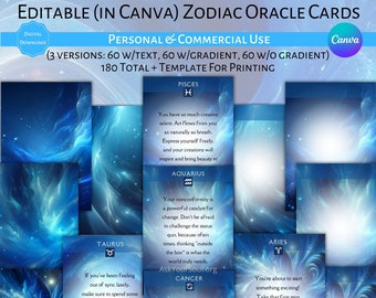 Editable Zodiac Oracle Cards Canva Template Commercial & Personal Use Customizable Oracle Deck Quotes Astrology Zodiac Horoscope Blank Cards