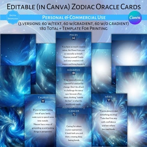 Editable Zodiac Oracle Cards Canva Template Commercial & Personal Use Customizable Oracle Deck Quotes Astrology Zodiac Horoscope Blank Cards