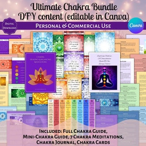 Editable Chakra Bundle Chakra Guide Meditations Canva Template Commercial and Personal Use DFY Content Spiritual Ebook Chakra Cards Journal