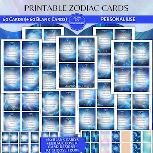 60 cartes imprimables d'oracle du zodiaque à usage personnel Messages d'orientation spirituelle affirmation bleue cartes vierges astrologie horoscope PDF cosmique