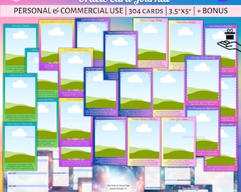 May include: A set of 304 printable oracle cards with a colourful landscape design. The cards are 3.5 inches by 5 inches and come with a journal. The cards are for personal and commercial use.