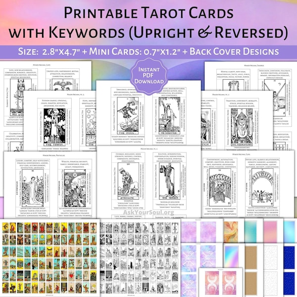 PRINTABLE Black & White Rider-Waite Tarot Cards With Keywords PDF Upright and Reversed Meanings Beginner Deck Correspondences Learn Tarot