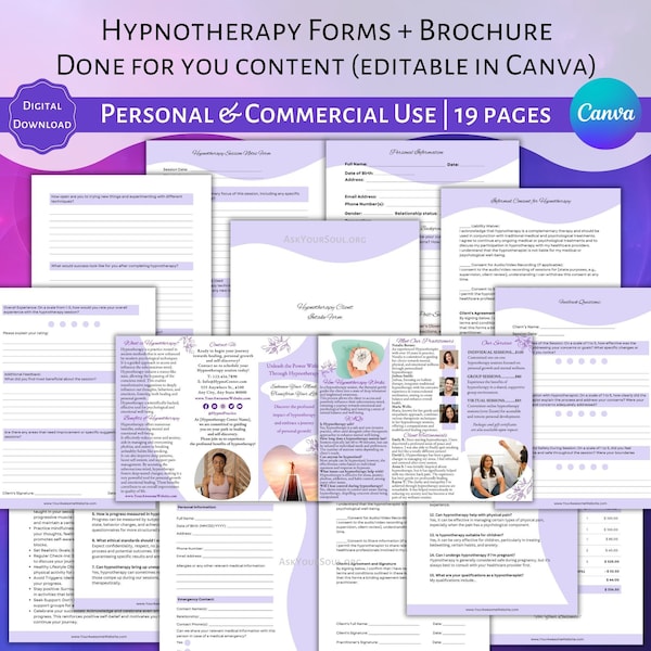 Editable Hypnotherapy Brochure and Forms Canva Template Commercial and Personal Use Done for You Content Spiritual Business Template PLR