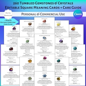 Square 260 Editable Tumbled Gemstone and Crystal Meaning Cards Commercial Personal Use Photorealistic Metaphysical Stones Canva Guide PLR