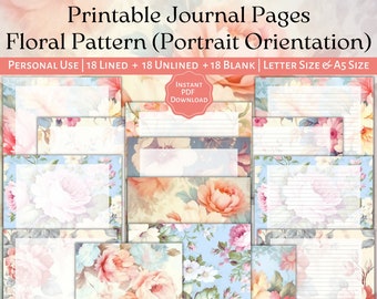 PRINTABLE Floral Journal Pages Lined Unlined, Shabby Roses, Letter, A5, Portrait, Scrapbooking, Junk Journals, Vintage, Flowers, PDF Journal